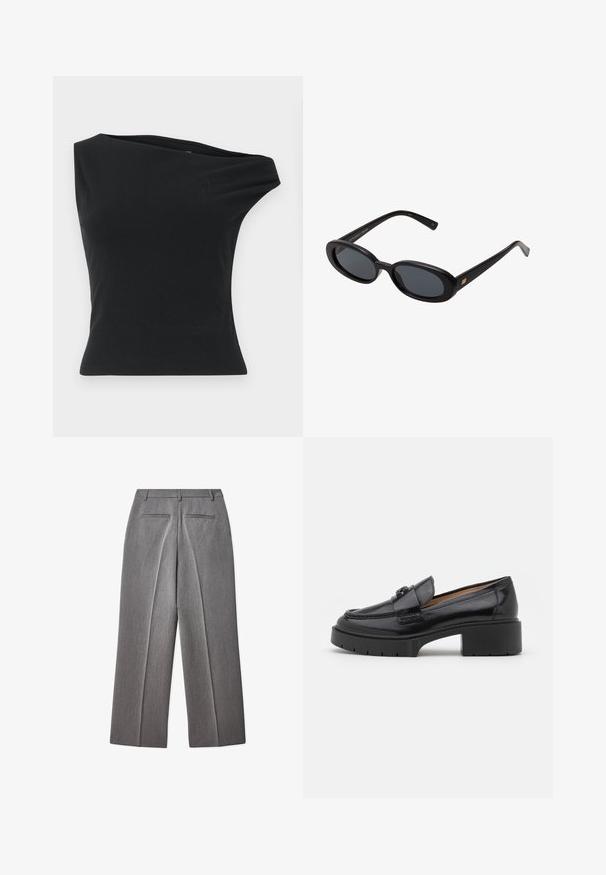 Black one-shoulder top made from smooth, stretchy fabric. Features a fitted silhouette and asymmetrical neckline with a clean hem.; Gray tailored trousers with a flat front, straight leg design, two back pockets, and subtle texture.; Black leather loafer with a low block heel, rounded toe, decorative strap, and textured stitching detail on the upper. Smooth finish.; Black oversized sunglasses with oval lenses, smooth plastic frame, and gold accents on temple. Dark lenses provide sun protection.; Canvas tote bag in cream with navy accents. Features two long handles, a front pocket, and a small logo. Stitched detailing throughout.