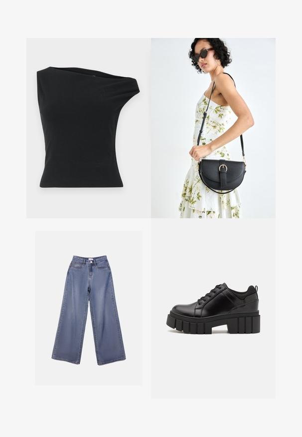 Svart en-skulder-top laget av glatt, elastisk stoff. Har en figursydd silhuett og asymmetrisk halslinning med en ren kanten.; Bredde ben jeans i lys blå vask, med høy livhøyde, frontlommer og knappelukking med beltehemper.; Svarte lærplattformsko med kraftig blokkhell, rund tå og tradisjonell snøring. Har en jevn tekstur og minimal detaljering.; Svart lærveske med en buet form, avtagbar stropp og gullbeslag. Vesken har et klaff med spenne-detall.