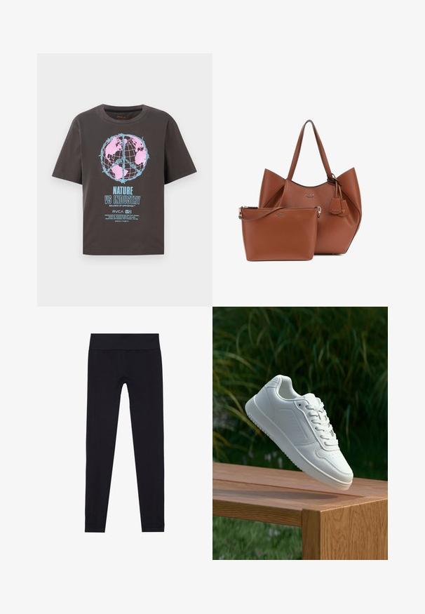 Camiseta gris oscuro de manga corta, con un diseño colorido de un globo en rosa y azul, y el texto "NATURALEZA VS INDUSTRIA" en negrita.; Leggings negras con una ancha cinturilla elástica, fabricadas en un tejido elástico, que presentan una textura suave y un diseño ajustado. Sin patrones.; Zapatilla blanca con un upper sintético suave, caja de dedos perforada, cordones planos y una suela texturizada, exhibida sobre una superficie de madera.; Bolso tote de piel marrón con una forma estructurada y dos asas superiores, acompañado de un bolso más pequeño a juego con cremallera. Ambos presentan acentos de logo.