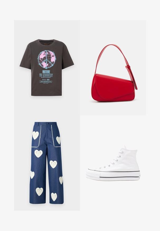 Dark gray t-shirt with short sleeves, featuring a colorful globe design in pink and blue, and text "NATURE VS INDUSTRY" in bold.; Sister Jane HEART TO HEART - Straight leg jeans - blue denim; White high-top canvas sneaker with black rubber sole, front rubber toe cap, and six eyelets for laces, featuring a clean, minimalist design.; Red leather handbag with an angular, geometric design. Features a single adjustable strap and a flap closure with stitched detailing.