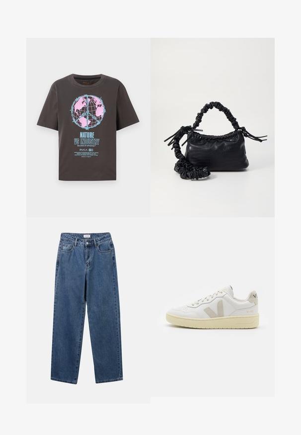Sötétszürke, rövid ujjú póló, színes földgömb mintával rózsaszín és kék színben, valamint vastag betűkkel a "NATÚRA AZ IPARRAL SZEMBEN" szöveggel.; Klasszikus kék farmernadrág egyenes szárú dizájnal, öt zsebbel és gombos zárással. Közepes mosású és strapabíró textúrával rendelkezik.; Fehér bőr sneaker bézs velúr részletekkel, perforált orr résszel, lapos fűzőkkel és textúrált krémszínű talppal. Finom márkajelzés található a sarkán.; Fekete műbőr kézi táska krokodil bőr textúrával, összehúzható tetejű és gyűrt pánttal. Lágy és kompakt dizájnúnak tűnik.