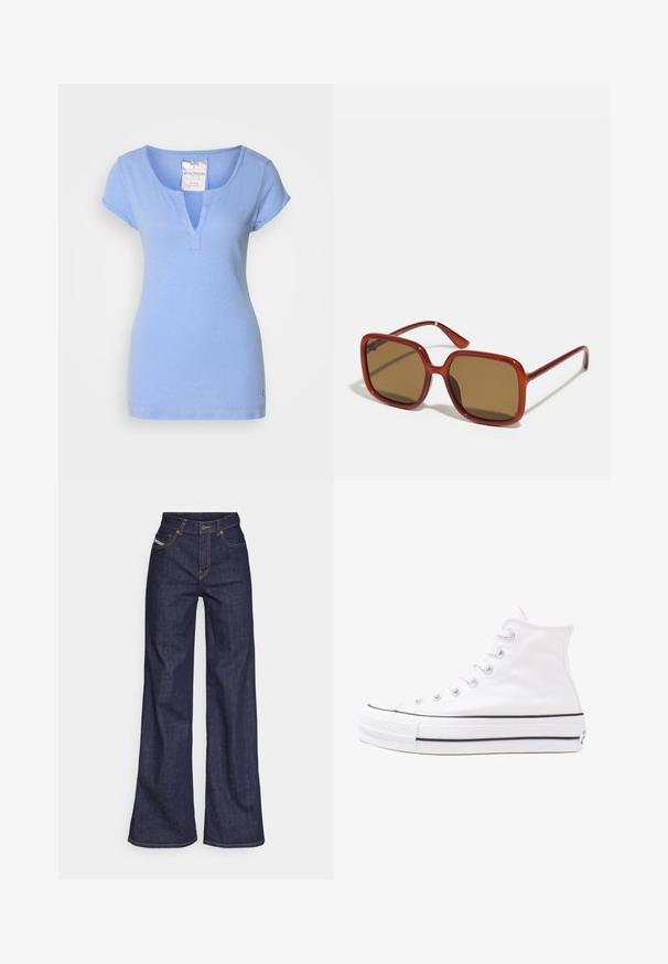 Vaaleansininen puuvillapaita, jossa on V-pääntie, lyhyet hihattomat hihat ja hienovaraisia ompeluyksityiskohtia. Paidan alaosassa on pieni logo.; Tummansiniset leveälahkeiset farkut denimmateriaalista, joissa on korkea vyötärö. Niissä on oranssit tikkaus, viisi taskua ja napitus.; Valkoiset korkeavartiset kangaskengät mustalla kumipohjalla, edessä kuminen varvasosa ja kuusi nauha-aukkoa, puhtaan minimalistisella muotoilulla.; Punaiset neliönmuotoiset aurinkolasit ruskeilla sävytettyillä linsseillä. Paksut, kiiltävät kehykset ja ohuet varret, joissa on pieniä yksityiskohtia sivuilla visuaalisen mielenkiinnon lisäämiseksi.; Hope-silver rengas, joissa on sileä ja kiillotettu pinta. Pyöreä muoto ja turvallinen napsautettava lukitus. Kevyt muotoilu sopii päivittäiseen käyttöön.