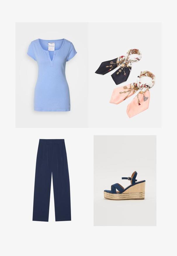 Világoskék pamut póló V-nyakkal, rövid kis ujjakkal és diszkrét varrási részletekkel. A hem közelében egy kis logó található.; Sötétkék, bő szárú nadrág puha anyagból, elől redőkkel, sima textúrával, egyenes szabással, látható zsebek nélkül.; Tengerészeti kékszínű wedges szandál keresztbe fölmérő pántokkal, texturált természetes rostból készült talppal, és arany fémes díszítéssel az alján.; Anna Field 2 PACK - Selyemkendő - dark blue/pink; Tiszta és borostyán színű gyanta gyűrűk, az egyik sima és átlátszó, a másik texturált, borostyán bevonattal rendelkezik. Mindkettő kerek, tömör formatervezésű.