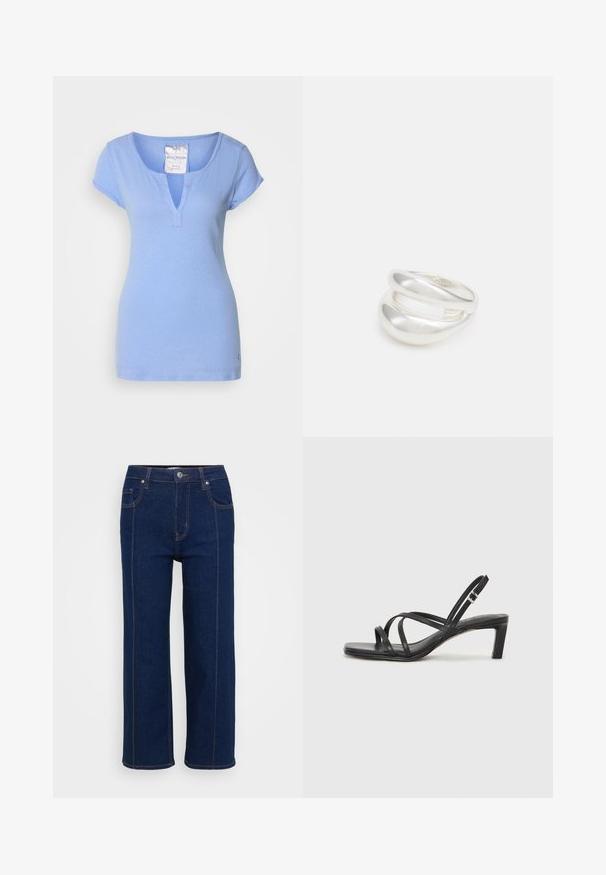 Hele sinine puuvillane T-särk, millel on V-kaelus, lühikesed kappa varrukad ja diskreetne õmbluse detail. Sukeldub väike logo ääre lähedal.; Tumedad sinised sirged teksad nööp sulgemisega, esi- ja tagataskud ning nähtavad oranžid õmblused õmblustes.; Mustast rihmajalatsid ruudukujulise varba ja madala ploki kontsaga. Omab mitmeid õhukesi rihmasid ja reguleeritavat pahkluu rihma. Valmistatud siledast nahast.; Hõbedane kahekordne rõngas sujuva, poleeritud pinnaga. Omab voolavat, kõverat disaini, millel on kattuvad sektsioonid, et saavutada kaasaegne ilme.; Hõbedane kahekordne rõngas sujuva, poleeritud pinnaga. Omab voolavat, kõverat disaini, millel on kattuvad sektsioonid, et saavutada kaasaegne ilme.