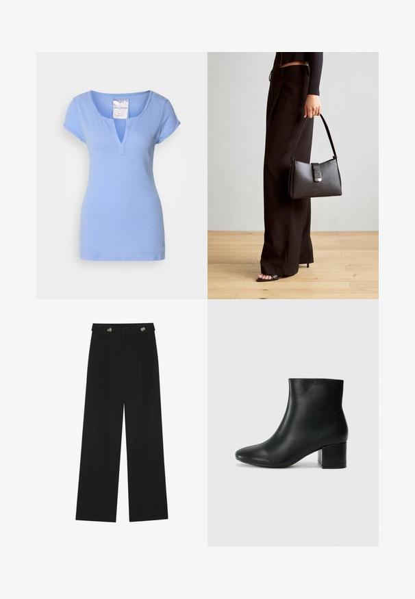 Light blue cotton T-shirt with a V-neck, short cap sleeves, and subtle stitching detail. Features a small logo near the hem.; Black wide-leg trousers with high waist, button details on waistband, and front pleats.; Black leather ankle boots with a pointed toe and a chunky heel. Smooth texture with minimal accents and a sleek, fitted design.; Black handbag with structured shape, smooth texture, and a metallic clasp. Paired with wide black pants and open-toe sandals on wooden floor.