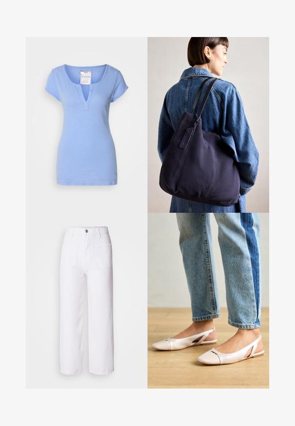 Camiseta de algodón de color azul claro con escote en V, mangas cortas tipo capucha y un sutil detalle de costura. Presenta un pequeño logo cerca del dobladillo.; Pantalones de mezclilla anchos de color blanco con cierre de botón, trabillas para cinturón, dos bolsillos frontales y un bolsillo trasero. Tejido duradero y texturizado.; Bailarinas de color rosa pálido con tiras traseras y punta puntiaguda, fabricadas con un material similar al cuero suave. Presentan detalles recortados en los laterales y un tacón plano.; Bolso de hombro de lienzo azul marino con una forma suave y estructurada, que presenta una correa negra, detalles de costura y una pequeña etiqueta de marca.