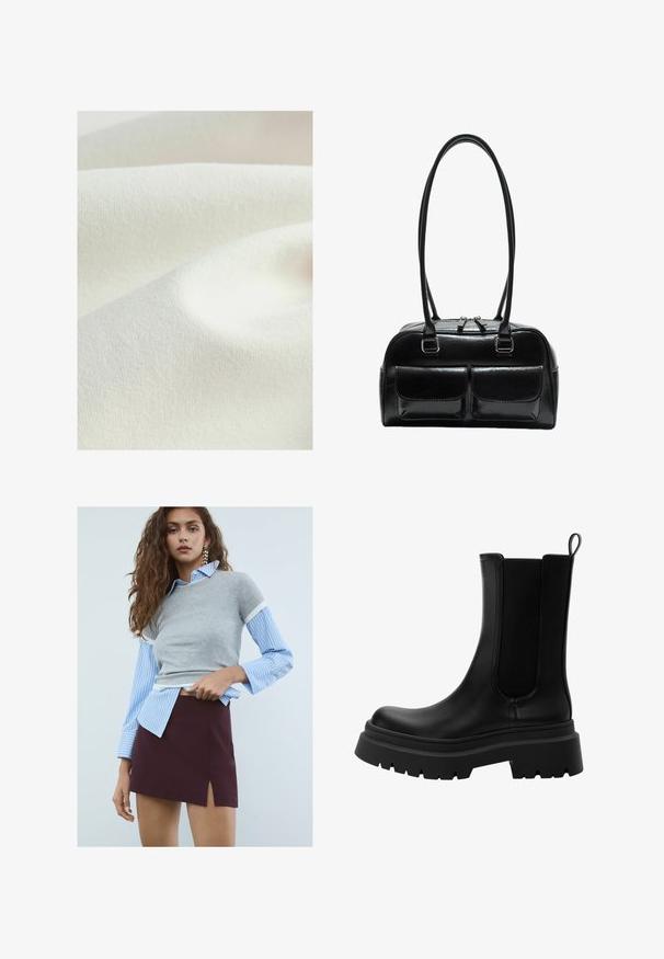 Matériau textile dans une teinte crème, présentant une surface lisse légèrement texturée avec des plis doux, affichant une apparence uniforme et subtile.; Jeune femme aux longs cheveux ondulés, portant des boucles d'oreilles en étoile, une chemise à rayures bleues avec un pull gris à manches courtes, et une jupe bordeaux avec une fente à l'avant.; Bottines Chelsea en cuir noir avec panneaux latéraux élastiques, semelle en caoutchouc épaisse et bout arrondi. Fini texturé et lisse.; Sac à main en cuir noir avec deux poches avant, deux poignées et une fermeture zippée en haut. Texture lisse et forme arrondie.