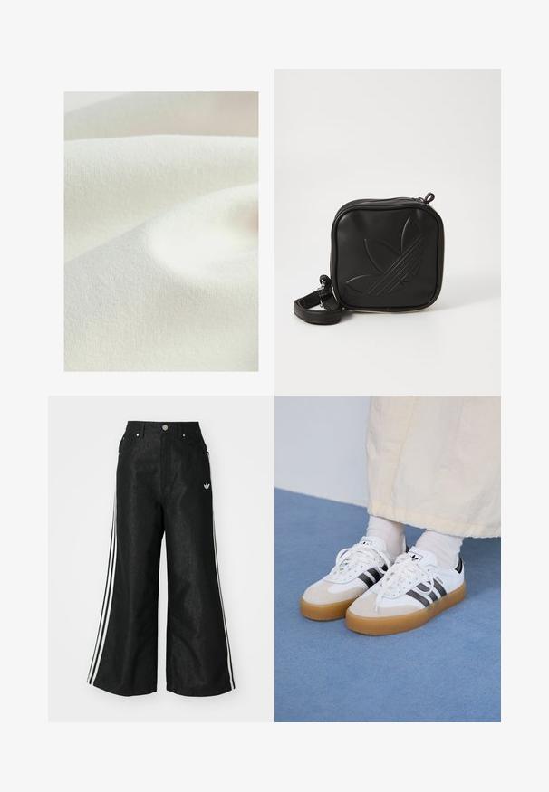 Materiale tessile in una tonalità crema, con una superficie liscia e leggermente strutturata, caratterizzata da morbide pieghe, che presenta un aspetto sottile e uniforme.; Pantaloni in denim neri a gamba larga con tre strisce bianche su ciascun lato e un piccolo logo bianco. Presentano tasche frontali e chiusura con bottone.; Sneakers bianche con strisce nere e accenti in suede beige. Presentano una suola in gomma texturizzata e lacci bianchi piatti, indossate con calzini di colore chiaro.; Borsa a tracolla nera realizzata in materiale sintetico testurizzato. Presenta un design con logo inciso e una tracolla regolabile. Chiusura con zip.