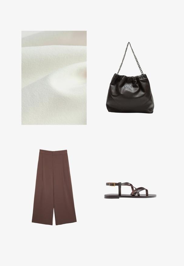Matériau textile dans une teinte crème, présentant une surface lisse légèrement texturée avec des plis doux, affichant une apparence uniforme et subtile.; Pantalons larges marron avec une texture lisse, dotés d'une taille haute et de plis à l'avant. Le tissu est léger et tombe de manière fluide.; Sandale en cuir marron avec des brides entrecroisées, une fermeture à boucle à la cheville et une semelle plate avec des détails de couture minimaux.; Sac en cuir marron avec un haut froncé et une bandoulière en chaîne. Texture lisse avec une finition brillante et des coutures subtiles sur les côtés.