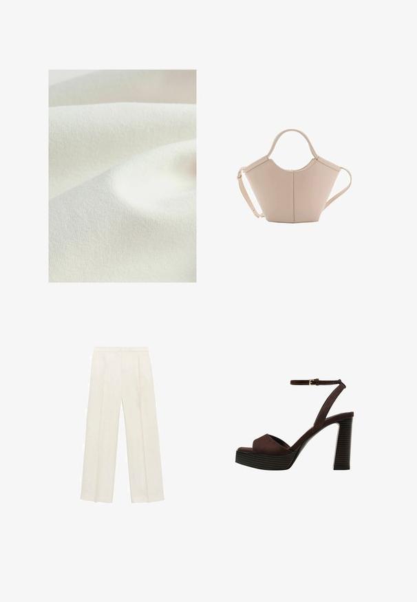 Textielmateriaal in een crèmekleur, met een gladde, iets gestructureerde oppervlakte en zachte plooien, die een subtiele, uniforme uitstraling vertoont.; Wijdgevallen broeken in een lichtcrème kleur. Gemaakt van een zachte stof met plooien aan de voorkant en zijzakken.; Bruine suède high-heeled sandaal met een open teen, verstelbare enkelband en een gestreepte plateauzool.; Beige leren handtas met een unieke vorm, voorzien van twee korte handvatten en een lange verstelbare schouderriem. Glad oppervlak met minimale hardware.