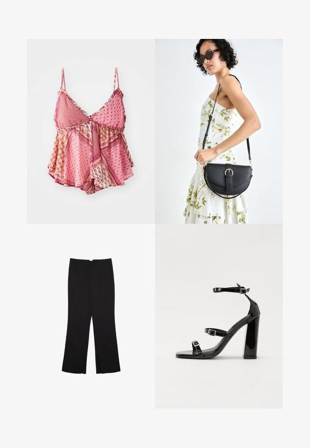 Růžový vzorovaný top s nastavitelnými ramínky, výstřihem do V, vrstvenými volány a dekorativním lemem s květinovými a geometrickými vzory.; Černé kalhoty s rovným střihem, s předními kapsami a bočními rozparky na lemu. Vyrobené z jemné, hladké tkaniny. Vhodné na různé příležitosti.; Černé lakované sandály na podpatku se čtveratou špičkou, lýtkovými pásky a stříbrnými přezkami. Disponují masivním blokovým podpatkem pro stabilitu.; Černá kožená kabelka s křivkovým tvarem, odnímatelným popruhem a zlatými detaily. Kabelka má klopu s přezkou.