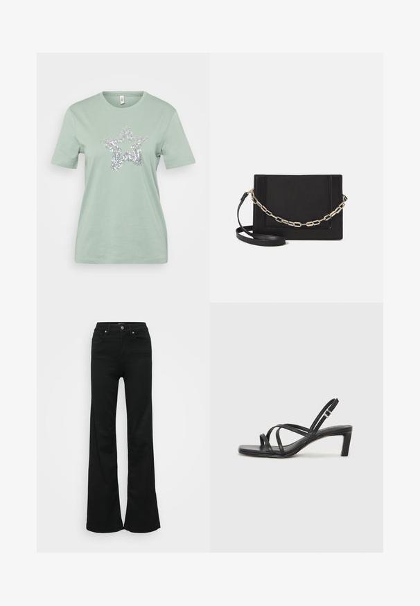 Svetlozelené bavlnené tričko s krátkymi rukávmi, s dizajnom striebornej trblietavej hviezdy v strede. Hladká textúra, štandardný okrúhly výstrih.; Čierne rozšírené džínsy vyrobené z denimu, s vysokým pásom, piatimi vreckami a kovovým zapínaním. Hladká textúra s minimálnym zdobením.; Čierne sandále na vysokom podpätku so štvorcovou špičkou a nízkym blokovým podpätkom. Obsahujú viacero tenkých popruhov a nastaviteľný členkový popruh. Vyrobené z hladkej kože.; Čierna kožená crossbody taška s hladkou textúrou, obdĺžnikovým tvarom a kovovým reťazovým detailom na prednej strane. Súčasťou je nastaviteľný popruh.; Strieborný prsteň s dvojitým pásikom s hladkým, lesklým povrchom. Má plynulý, zakrivený dizajn s prekryvajúcimi sa časťami pre moderný vzhľad.