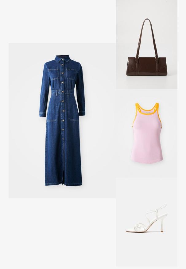Růžový žebrovaný top bez rukávů se žlutým lemem, s přiléhavým střihem a racerback stylem. Měkká textura s mírným roztažením pro pohodlí.; Džínové maxi šaty s dlouhými rukávy, špičatým límcem, zapínáním na knoflíky vpředu, dvěma náprsními kapsami, stahovaným pasem a bočními rozparky pro snadný pohyb.; Bílé sandály na vysokém podpatku s tenkým páskem kolem kotníku, plochou špičkou, texturovaným předním dílem s nařasenými detaily.; Hnědá kabelka z patentované kůže obdélníkového tvaru, se dvěma dlouhými uchy a jemnými zakřivenými akcenty na přední straně.