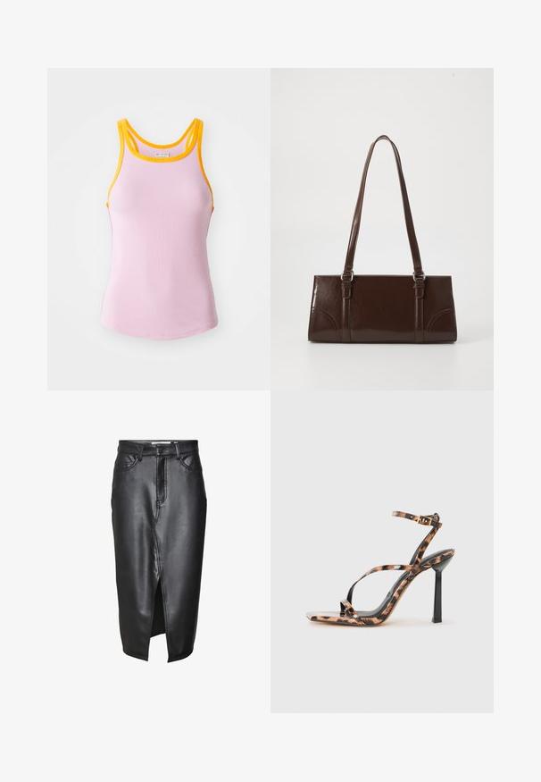 Rosa ribbet tank topp med gul kant, med en tettsittende design og racerback-stil. Myk tekstur med subtil strekk for komfort.; Svart skjorte med knapper som har en glatt overdel og en blondekant med blomstermerker. Kragen er strukturert, med perle-lignende knapper foran.; Svart skinnskjørt med midilengde-design, som har en frontslitt, klassiske beltehemper og sydd detaljer langs sømmene.; Sandaler med høye hæler og stropper, med firkantet tå, med et leopardmønster i nyanser av brunt og svart på en glanset overflate.; Brunlakkert skinnveske med rektangulær form, to lange håndtak og subtile buede detaljer foran.