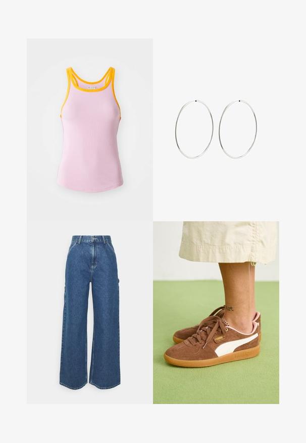 Rausvų juostelių marškinėliai su geltonais kraštais, turintys prigludusį dizainą ir lenktyninkų nugarą. Minkšta tekstūra su subtiliu tamprumu komfortui.; Plačios mėlynos džinsinės kelnes su aukštu juosmeniu, kontrastingais siūlais ir šoninėmis kišenėmis, turinčios klasikinį penkių kišenių dizainą ir brutalius kraštus.; Rudi nubuko sportiniai bateliai su baltu akcentu, guma padanga ir rausvu kulnu. Matomi raišteliai ir prekės ženklas. Iš dalies matomas kulkšnies tatuiruotė.; Sidabriniai auskarai-žiedai su lygiu, apvaliu dizainu ir blizgiu paviršiumi. Jie yra ploni ir lengvi, turintys paprastą užsegimą.