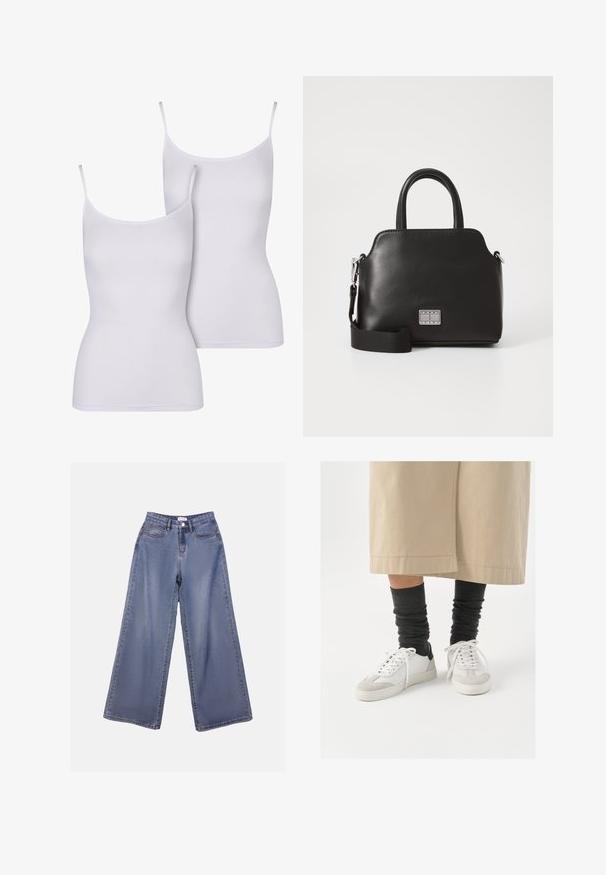 Zwei weiße Camisole-Tops mit dünnen Trägern, aus glattem Stoff, mit einem taillierten, ärmellosen Design und einer einfachen, einfarbigen Optik.; Weite Denim-Jeans in einer hellblauen Wäsche, mit hoher Taille, Fronttaschen und einem Knopfverschluss mit Gürtelschlaufen.; Weiße und graue Sneakers mit einem schwarzen Fersenelement, ausgestattet mit einem glatten Lederoberteil und einer strukturierten Wildlederzehe. Tragen mit dunkelgrauen, lässigen Socken.; Schwarze synthetische Handtasche mit oberen Griffen, abnehmbarem Schultergurt, runder Form, glatter Textur und silbernem Logo-Akzent auf der Vorderseite.
