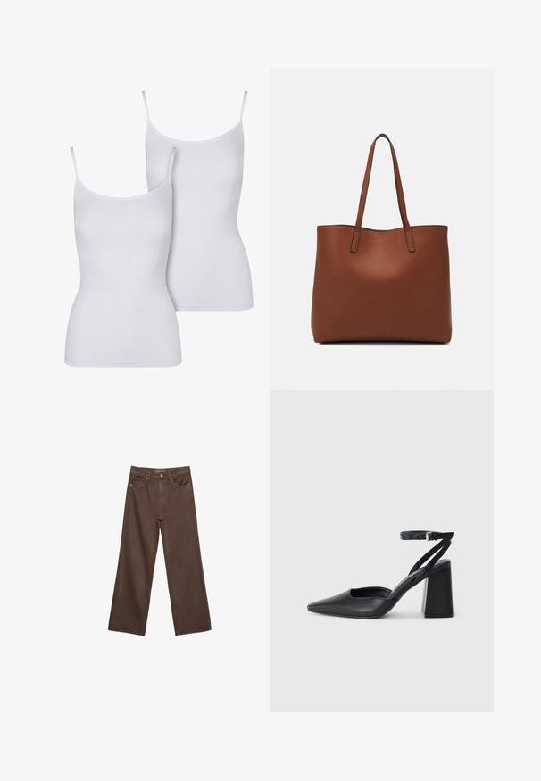 Dwie białe topy na ramiączkach z cienkimi paskami, wykonane z gładkiego materiału, charakteryzujące się dopasowanym, bezrękawnikowym krojem oraz prostym, jednolitym kolorem.; Szerokie brązowe dżinsy wykonane z denimu, z wysokim stanem, przednimi kieszeniami i klasycznym zapięciem na guzik. Gładka faktura z subtelnym przeszyciem.; Czarne skórzane czółenka z ostrym noskiem, z paskiem na kostce i grubym obcasem. Gładka faktura, elegancki design i minimalistyczna estetyka.; Brązowa skórzana torba tote o gładkiej fakturze, z otwartym wierzchem i dwoma ramiączkami. Charakteryzuje się minimalnym przeszyciem i brakiem widocznych elementów metalowych.