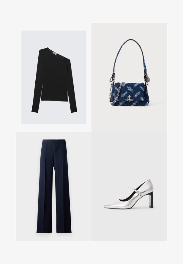 Asimetriška juoda ilgomis rankovėmis palaidinė su viena nuleista pečiu. Pasižymi švelniu trikotažo tekstūra ir diskretiška prekės ženklo etiketė kakle.; Plati kelnių juodos tamsios spalvos audinys, turintis lygų paviršių, subtilius priekinius raukšlės ir prigludusią liemenėlę, užtikrinančias elegantišką siluetą.; Sidabriniai aukšti kulniukai Mary Jane su smailiu nosiu ir plona reguliuojama juostele, eksponuojami prieš baltą foną.; Tamsiai mėlynas audinio rankinukas su tekstūruotu dizainu, sidabrinės spalvos detalėmis ir nuimama grandinėle. Yra užsegimas ant ventiliatoriaus ir logotipo akcentas.