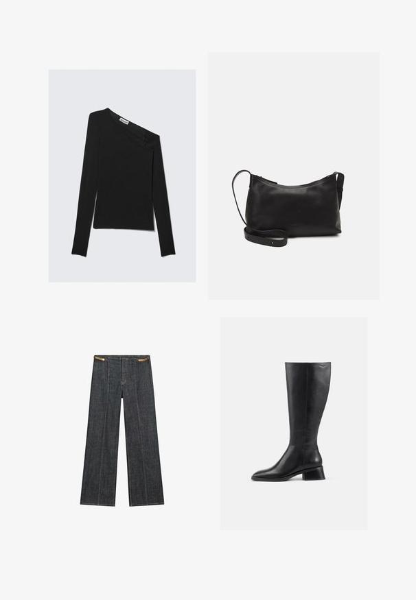 Asymetrický černý top s dlouhým rukávem a jedním ramínkem odhaleným. Má hladkou pletenou strukturu a diskrétní značkovou etiketu na výstřihu.; Tmavě modré denimové široké kalhoty s vysokým pasem. Vyznačují se viditelným šitím, zapínáním na knoflík a jedinečným řetízkovým akcentem v pase.; Černá kožená bota do výšky kolen s kulatou špičkou a nízkým blokovým podpatkem. Má hladký povrch a minimální švy.; Černá kožená taška přes rameno s hladkým povrchem, zakřiveným tvarem, nastavitelným popruhem a zipovým uzávěrem. Minimalistický design bez zdobení.