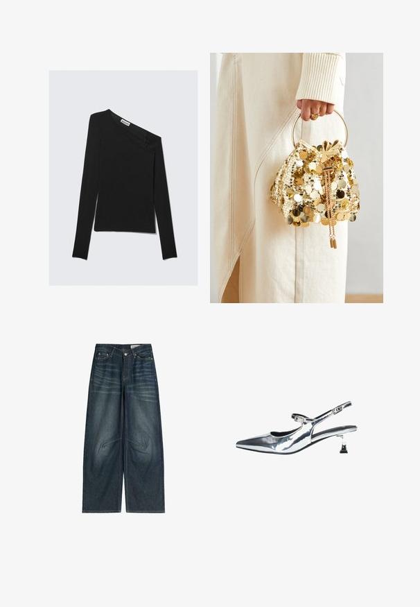 Asymmetrisch zwart lang mouwtop met een enkele off-shoulder ontwerp. Beschikt over een gladde brei-textuur en een discreet merkembleem bij de halslijn.; Wijde, donker denim jeans met een vervaagd patroon, zichtbare stiksels, voorkanten en een ritsopening.; Zilveren, gepatenteerde leren slingback schoenen met een spitse neus, verstelbare enkelband en een lage blokhak. Kenmerkt zich door een uitsnijdingen ontwerp en een strakke afwerking.; Gouden pailletten trekkoord handtas met een ronde handgreep, versierd met glanzende ronde pailletten en een gemêleerde stof. Afmetingen zijn niet opgegeven.