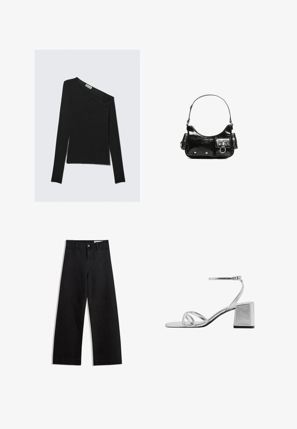 Asimetrična črna majica s dolgimi rokavi in enostranskim dizajnom brez ramena. Ima gladko pleteno teksturo in diskretno blagovno znamko na izrezu.; Črne široke denim hlače z visokim pasom, ki imajo sprednje in zadnje žepe, šivane šive ter gumbasto zapiranje. Gladka tekstura.; Srebrne sandale na blok peti, z drobnimi križnimi trakovi in nastavljivim gleženjskim trakom. Gladek kovinski zaključek.; Črna lakasta usnjena torbica s ukrivljeno obliko, enim ramenskim trakom, sprednjimi žepi in srebrnimi kovinskimi dodatki.