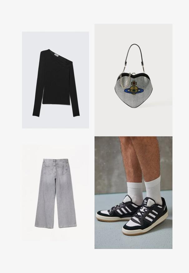 Asimetrična crna majica dugih rukava s jednim izrezom na ramenu. Ima glatku pletenu teksturu i diskretni oznaku branda na izrezu.; Bershka WIDE-LEG - Široke nogavice - grey; Crne i bijele tenisice s gornjim dijelom od antilopa i kože, s tri bijele pruge, perforiranim prstom i gumiranim potplatom.; Ženska torbica u obliku srca, izrađena od mrežastog materijala s metalnim završetkom, s motivima mačke i planeta u plavoj, žutoj i crvenoj boji. Uključuje lanac za nošenje.