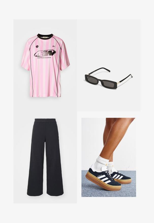 Rožinės ir baltos juostelės trumpomis rankovėmis marškiniai su juodais akcentais, su blizgiu juodu logotipu "KOPENHAGA" ir gėlės emblemą.; Juoda plačių kojų sportinė kelnė, pagaminta iš minkštos medžiagos, su elastinga juosmens juosta ir mažu logotipu kairėje pusėje.; Juodi zomšiniai sportbačiai su baltais dryžiais ir akcentais, apvalios nosies, guminio, gumos pado, derinami su baltais raitytais vidutinio ilgio kojinaitėmis.; Juodos stačiakampės akinių nuo saulės su tamsiais lęšiais, blizgančiais plastikinių rėmų ir auksiniais akcentais ant šventyklų. Minimalistinis dizainas ir elegantiška forma.