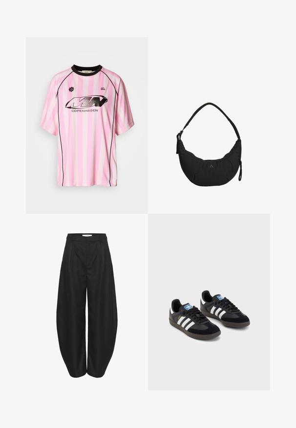 Růžový a bílý pruhovaný krátkosádlový dres s černými akcenty, s lesklým černým logem s nápisem "KOPENHAGEN" a květinovým emblémem.; Černé vysoké kalhoty s širokými nohavicemi a záhyby, poutky na opasek a skrytým předním zapínáním, navržené značkou Gestuz.; Černé tenisky s vrškem z semiše a syntetického materiálu, s třemi bílými pruhy, texturovanou gumovou podrážkou a modrou nášivkou loga na jazyku.; Černá ramenní taška s zakřiveným designem, polstrovaným materiálem, nastavitelným popruhem a jemným logem. Obsahuje zipovou kapsu a texturované akcenty.
