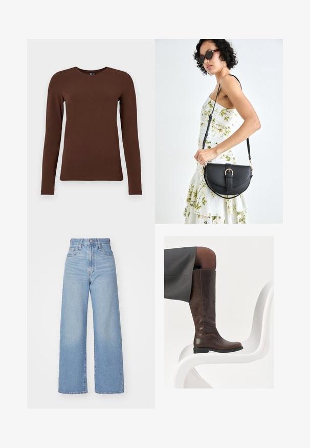 Hosszú ujjú barna pamut póló kerek nyakkal. Simább textúrával és testhezálló szabással, minimális varrással, minta vagy díszítés nélkül.; Világoskék, magas derekú, bő szárú farmernadrág, elülső gombbal és cipzárral, elülső és hátsó zsebekkel, fehér háttérrel.; Barna bőr térdig érő csizma, lekerekített orral, sima felülettel és minimális varrási részletekkel, világos háttér előtt, egy fehér széken.; Fekete bőrtáska ívelt formával, levehető pánttal és arany színű fémrészekkel. A táskán egy csattal díszített fedél található.