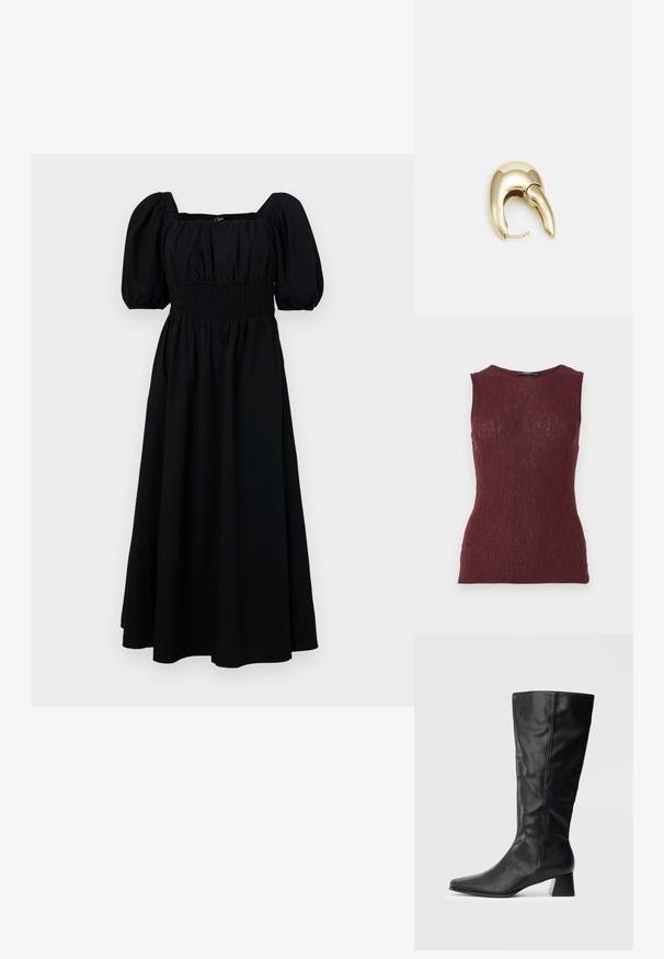 Burgunderfarbene ärmellose Bluse aus strukturiertem Stoff mit dezentem Rippenmuster, ausgestattet mit einem runden Ausschnitt und taillierter Passform.; Schwarzes Baumwollkleid mit gepufften kurzen Ärmeln, quadratischem Ausschnitt und gesmokter Taille. Ausgestellter Rock bis zur Mitte der Wade, glatte Textur, ohne Muster.; Schwarze Lederstiefel in Knöchelhöhe mit spitzer Zehe und Blockabsatz auf schlichtem, hellen Hintergrund.; Gelbe Kunstleder-Handtasche im Krokodil-Look mit strukturiertem Design, Obergriff, abnehmbarem Kettenriemen und dekorativer Kristallverzierung am Verschluss.; Ohrringe aus goldfarbenem Metall mit einem schlanken, geschwungenen Design. Sie verfügen über eine markante, spitze Form, eine polierte Oberfläche und einen Scharnierverschluss.