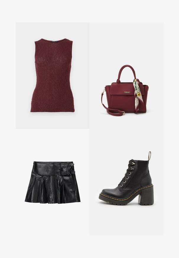 Bordo bežemis su tekstūru, subtiliu susiraukšlėjimu, apvaliu iškirpimu ir prigludusia siluetu.; Juodas odinis sijonas su kiekiais, platus liemuo ir dvi sagties detalės šone. Lygi tekstūra su blizgiu paviršiumi.; Juodos odinės kulkšninių botų su masyviu aukštu kulnu, raištelių uždarymu, metaliniais akies ir geltonais siūlais aplink pado kraštą. Grubus gumos padas.; Bordo rankinė, pagaminta iš sintetinių medžiagų, su struktūrizuotu dizainu, turinti nuimamą dirželį ir gėlių raštą turinčią skarą, pririštą prie rankenos.