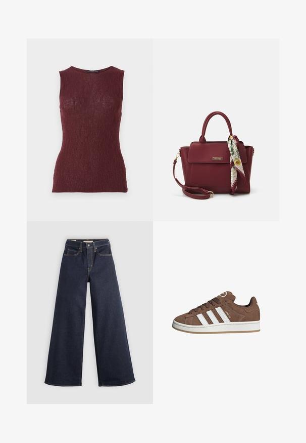 Burgundské bezrukávové triko vyrobené z texturované tkaniny s jemným žebrovaným vzorem, vybavené kulatým výstřihem a přiléhavým střihem.; Džínové kalhoty s širokými nohavicemi ve tmavě modré barvě s kontrastním prošíváním. Mají tradiční pětikapsový design a zapínání na knoflík v pase.; Hnědé semišové tenisky s bílými koženými pruhy, gumovou podrážkou, kulatou špičkou a šněrováním vpředu. Mají logo na jazyku a perforované detaily.; Burgundská kabelka vyrobená z umělého materiálu se strukturovaným designem, která má odnímatelný popruh a kroužek, na kterém je uvázaný šátek s květinovým vzorem.