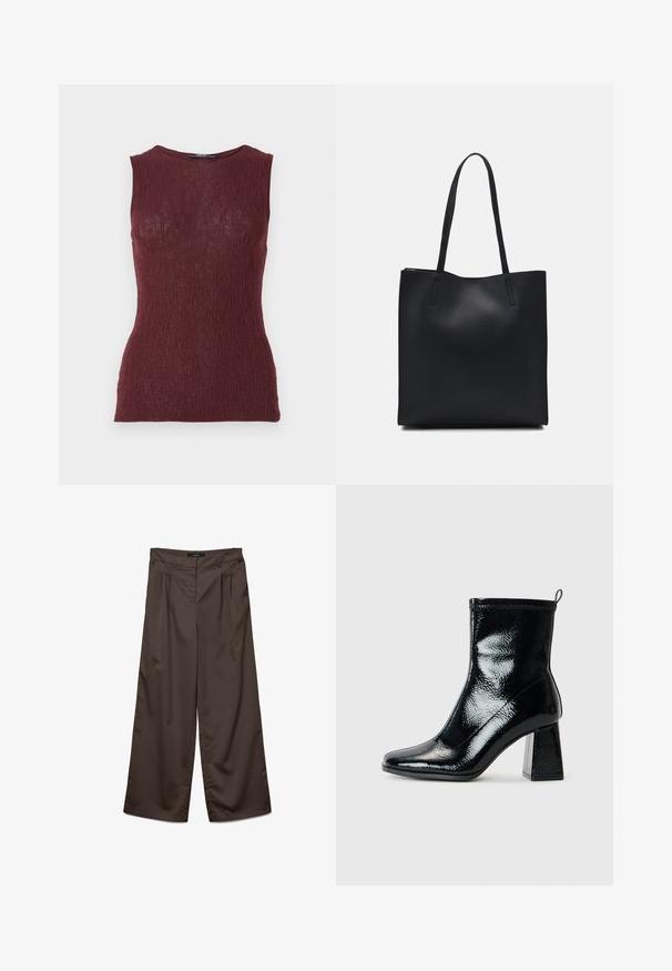Burgunderfarget ermeløs topp laget av teksturert stoff med en subtil ribbestruktur, med rund halslinning og en tettsittende design.; Vide bukser i mørkebrunt stof med en glat overflade. Funktioner omfatter plisseringer foran og en standard talje.; Svart patent ankelstøvel med firkantet tå og chunky geometrisk hæl. Har en jevn, shiny tekstur og en rear pull tab for enkel påkledning.; Svart lær tote bag med glatt tekstur, rektangulær form og to lange håndtak. Ingen synlige deler eller dekorasjoner.