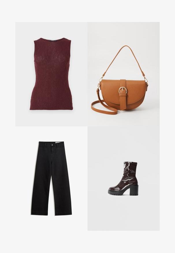 Bordeaux mouwloos topje van textuurstof met een subtiel ribbelpatroon, voorzien van een ronde halslijn en een nauwsluitend ontwerp.; Zwarte denim broek met wijde pijpen en een hoge taille, voorzien van voor- en achterzakken, gestikte naden en een knoopsluiting. Gladde textuur.; Glanzende bordeauxrode enkelboot met een chunky zwarte hak, met een gladde textuur en een eenvoudig ontwerp. Geen zichtbare sluitingen of patronen.; Bruine leren schoudertas met een gebogen vorm, gouden hardware en een gespaccent. Bevat een afneembare schouderriem.