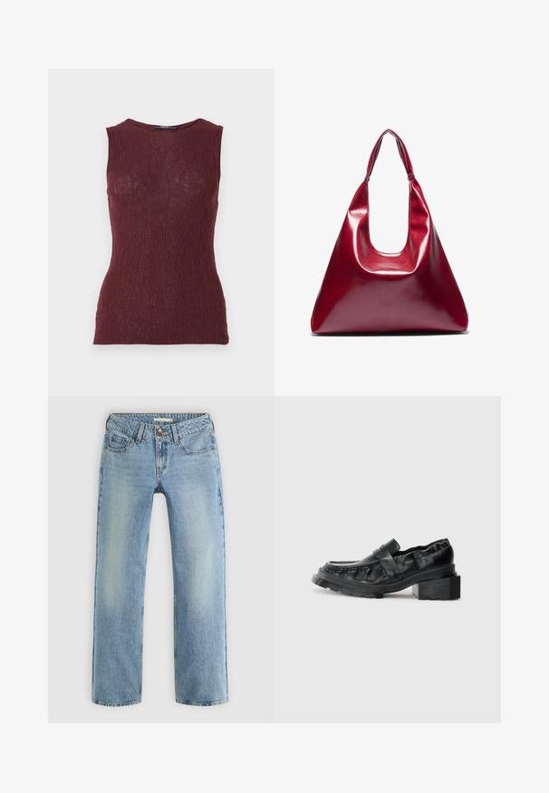 Top senza maniche color burgundy realizzato in un tessuto testurizzato con un sottile motivo a righe, caratterizzato da un collo arrotondato e una vestibilità aderente.; Jeans dritti di un blu chiaro realizzati in denim, caratterizzati da una chiusura con bottoni, cinque tasche e una leggera scoloritura lungo le gamb.; Mocassini in pelle nera con suola strutturata, caratterizzati da un tacco a blocco leggermente sollevato e una tomaia texturizzata, fissati da una cintura frontale.; Borsa a mano in pelle lucida rossa con forma triangolare, ampia apertura superiore e un manico curvo singolo. Texture liscia con dettagli di cucitura minimi.; Set di dodici orecchini a cerchio in tonalità argento e oro. Include design attorcigliati, lisci e testurizzati con varie dimensioni e finiture.