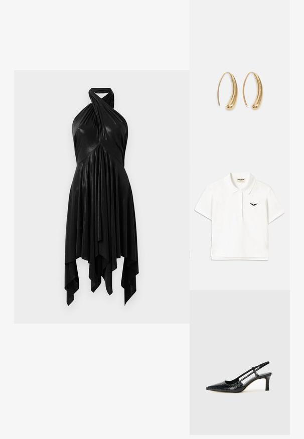 Hvid polo-shirt med korte ærmer, som har et sort vinge-logo på venstre bryst og en klassisk krave. Glat stof.; Sort halterneck kjole med draperet design. Fremstillet af skinnende materiale, med en snoet halsudskæring og asymmetrisk fald. Glat tekstur.; Sorte patent slingback hæl med spids tå, prydet med tekstureret slangeskindsmønster, justerbar rem og en kort, tekstureret blokhæl.; Sort læder crossbody taske med to frontlommer, guldspænder, lynlåslukning og en slank rem. Struktureret overflade og kompakt rektangulær form.; Guldfarvede metal hoops øreringe med en bøjet, forlænget form. Har en glat, skinnende overflade og en afrundet spids for ekstra detalje.