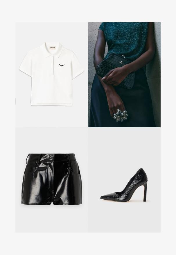 Valge lühikeste varrukatega polo särk, mille vasakul rinnal on must tiivakujuline logo ja klassikaline krae. Sile kangas.; Mustad, läikivad lühikesed püksid sünteetilisest materjalist. Omab kitsast piha, vöölõike ja esimesi taskuid, millel on silmapaistvad õmbluse detailid.; Mustan teravaotsaga kõrge kontsaga king, millel on krokodillimustriga tekstuur, stiilne disain, kõrge stilettokonts ja sile must sisesisustus.; Must musta tihe-must reptiili nahast pidulik kott hõbedaste detailidega, mille taustal on tekstuuriline hall taust. Omab läikivat pinda.