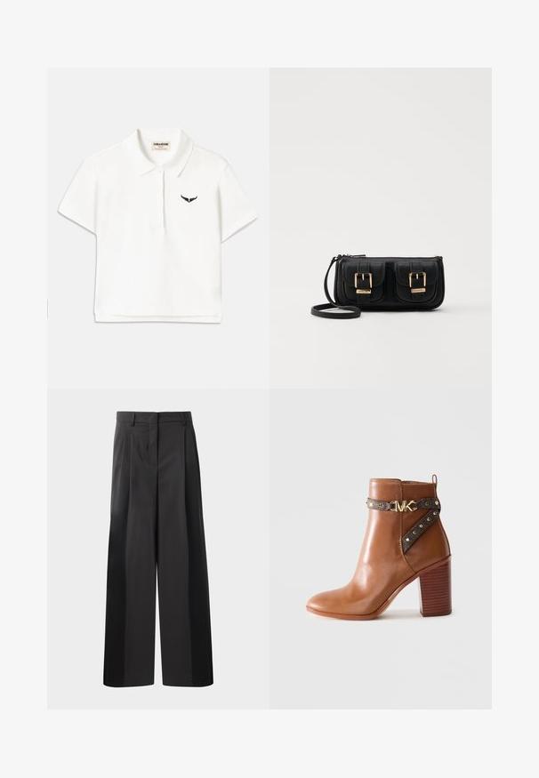 Weißes Poloshirt mit kurzen Ärmeln, ausgestattet mit einem schwarzen Flügel-Logo auf der linken Brust und einem klassischen Kragen. Glattes Material.; Schwarze, weit geschnittene Hose mit hoher Taille, versehen mit Frontfalten, einer glatten Textur und einem maßgeschneiderten Finish. Entworfen für eine lockere Passform.; Braunes Leder-Stiefelette mit gestapeltem Blockabsatz, seitlichem Riemen mit goldenen Nieten und einer goldenen "MK"-Logo-Schnalle.; Schwarze Leder-Umhängetasche mit zwei vorderen Taschen, goldenen Schnallen, Reißverschluss und einem schmalen Tragegurt. Texturierte Oberfläche und kompakte rechteckige Form.