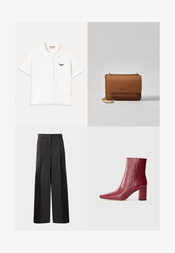 Camisa polo blanca de manga corta, con un logo negro en forma de ala en el lado izquierdo del pecho y un cuello clásico. Tejido suave.; Pantalones de pierna ancha negros con cintura alta, que presentan pliegues en la parte delantera, una textura suave y un acabado a medida. Diseñados para un ajuste relajado.; Botín de cuero burdeos con punta afilada, tacón cuadrado y textura lisa, que presenta un diseño sin costuras y sin hardware visible.; Bolso crossbody de cuero texturizado marrón con correa de cadena dorada y cierre de solapa. La parte frontal presenta un detalle de logo y un bolsillo debajo de la solapa.
