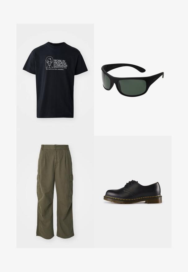 T-shirt de algodão preta com texto branco na frente: "INSTITUTO STARGAZER EM PROGRESSO" com um design ilustrado.; Calças cargo em verde oliva, feitas de algodão, com um design de perna larga, pregas e bolsos laterais para utilidade.; Shoe preto de couro com biqueira arredondada, design de atacador, costura amarela ao longo da sola e uma sola de borracha texturizada e robusta.; Óculos de sol envolventes pretos com lentes verde-escuras. Acabamento matte, design curvo, com hastes retas e uma marcação sutil de lado.; Conjunto de sete anéis de prata com vários designs, incluindo padrões torcidos, entrelaçados e gravados. Diferentes formas e larguras.