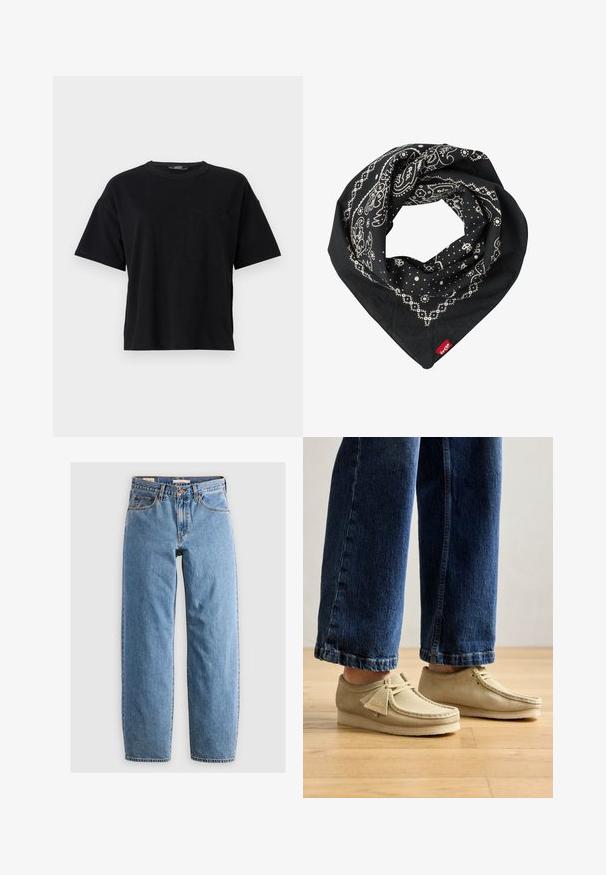 Musta puuvillapaita, jossa on pyöreä kaula-aukko, lyhyet hihat ja vasemmalla puolella rintatasku. Ominaisuuksiin kuuluvat rento istuvuus ja ommellut helmat.; Vaaleansiniset farkut, joissa on suora lahkeen muotoilu, viisi taskua, vetoketjuhaitari ja hienovarainen haalistunut pinta. Klassinen tyyli, jossa on vähän metalliosia.; Beige mokkasiinit, joissa on pyöristetyt varpaat ja matala profiili. Ominaisuuksiin kuuluu nauhakiinnitys ja ommellut korostukset. Yhdistettynä lyhyisiin sinisiin farkkuihin.; Levi's® PAISLEY BANDANA UNISEX - Fulardi - regular black