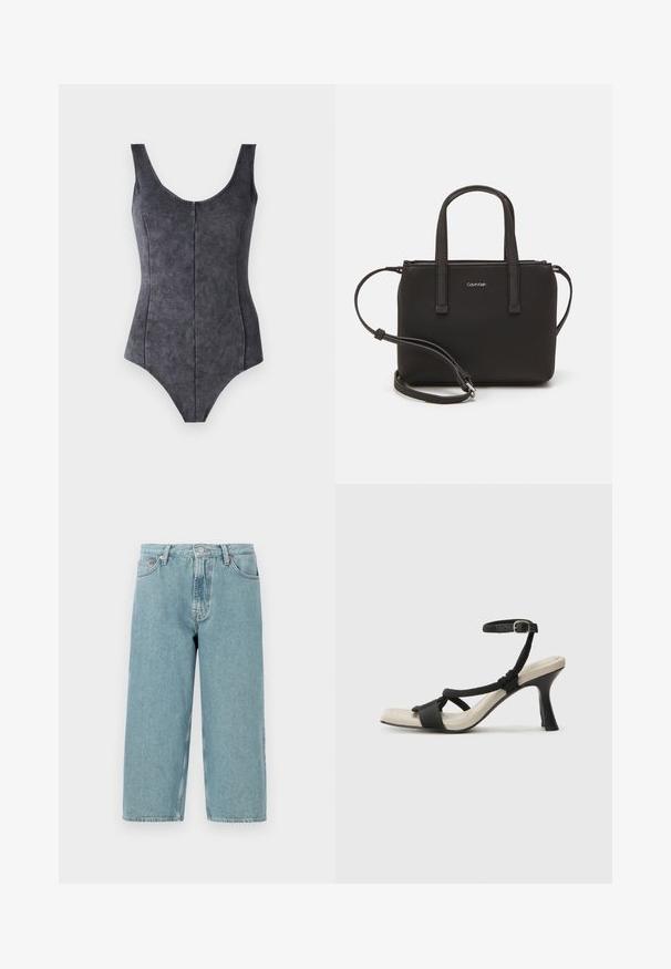 Must mustriga ujumistrikoo, millel on ümar kaelus, laiad rihmad ja sile tekstuuriga kangas. Omab vertikaalseid õmblusi, et tagada struktureeritud istuvus.; Heledad sinine denim lühikesed püksid kõrge talje, sirge lõike ja toore äärega. Omad klassikalise nööbi ja lukuga kinnituse, neli taskut.; Mustad musta kontsaga sandaal, millel on punutud rihma disain, ruudukujuline varvas ja reguleeritav pahkluu rihm. Heleda beeži värvi jalapadi ja läikiv must konts.; Musthave mustrans vöö ja eemaldatav õlarihm. Gludike nahk siledaga, millel on tõmblukk ja logo detail.