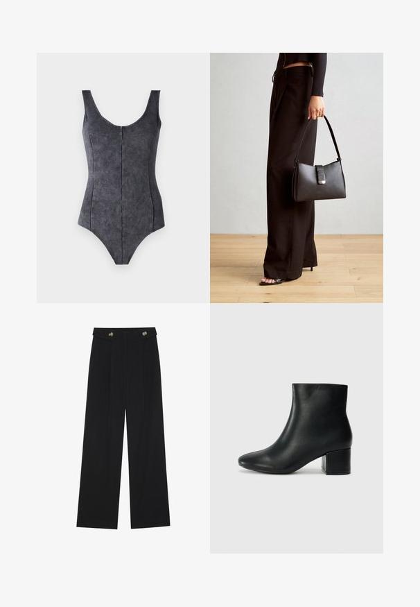 Bañador negro de una pieza con escote redondo, tirantes anchos y una tela suave y texturizada. Presenta costuras verticales para un ajuste estructurado.; Pantalones de pierna ancha negros con cintura alta, detalles de botones en la cinturilla y pliegues en la parte delantera.; Botas de cuero negras hasta el tobillo con una punta afilada y un tacón grueso. Textura lisa con acentos mínimos y un diseño elegante y ajustado.; Bolso negro con forma estructurada, textura suave y un cierre metálico. Combinado con pantalones anchos negros y sandalias de dedo en un suelo de madera.
