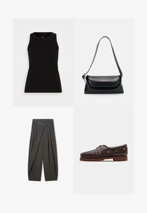 GAP HIGH NECK TANK - Top - black; Sive široke hlače s plisiranjem in visokim pasom, z gumbom za zapiranje. Narejene so iz gladkega tkanega materiala.; Rjave usnjene čolnarske čevlje z zlatimi očesi, okroglicami in teksturiranim rjavim gumijastim podplatom. Ima šivano podrobno obdelavo in dvignjen logotip.; Črna usnjena torbica z oblikovano strukturo, gladko teksturo in eno naramnico. Opremljena je z diskretnim, zaobljenim pokrovom.