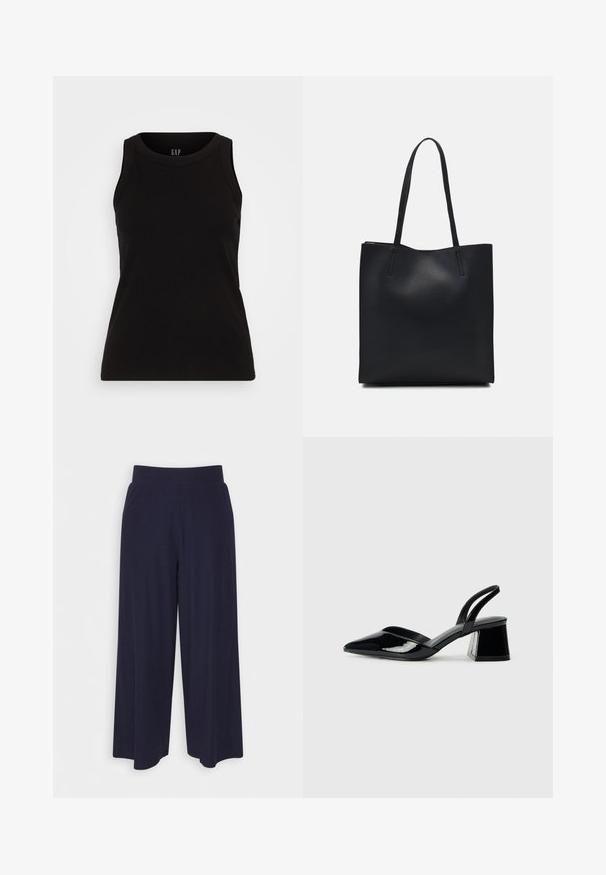GAP HIGH NECK TANK - Topp - black; Tumed põlvpüksid tumedast meresinisest kangast, millel on sooneline tekstuur. Omab sujuvat vööd ja voolavat siluetti, ulatudes pooleni säärest.; Mustad musta lakknahk kingad, millel on terav varvas ja geomeetriline plokkkonts. Omab elegantselt minimalistlikku disaini ja sujuvat tekstuuri.; Mustast nahast kott sujuva tekstuuriga, ristkülikukujuline ja kahe pika sangaga. Pole nähtavat riistvara ega kaunistusi.