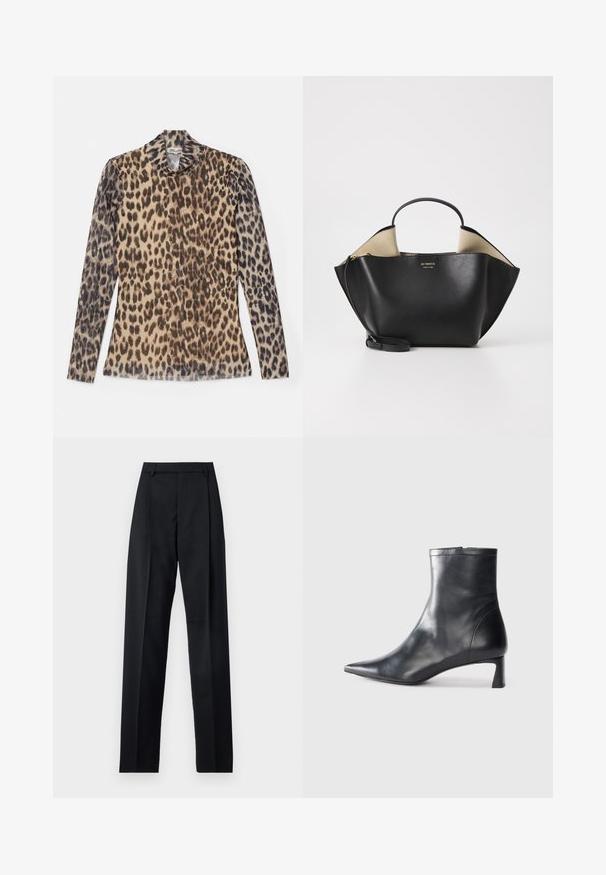 Top a maniche lunghe con stampa leopardata e scollatura rotonda, realizzato in un tessuto leggero con motivi beige e marroni.; Pantaloni neri realizzati in tessuto morbido, caratterizzati da vita alta, gambe larghe, pince frontali e classiche passanti per cintura. Non ci sono tasche laterali visibili.; Stivaletto in pelle nera con punta affusolata e design elegante. Presenta un tacco basso e una chiusura con zip sul retro. Texture liscia.; Ree Projects ANN TOTE MINI - Borsa a mano - black