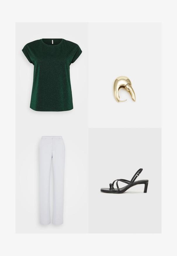 Zeleni kratki rukav majica s opuštenim krojem. Izrađena od tkanine s sjajnom teksturom, s okruglim izrezom i prebačenim rukavima.; Svijetlo sivi hlače s ravnim krojem, izrađene od glatkog materijala, s ravnim prednjim dijelom, pojasom i bez vidljivih ukrasa.; Crne sandale s trakama, kvadratnim prstom i niskom blok petom. Ima više tankih trakica i podesivu trakicu oko gležnja. Izrađene su od glatke kože.; Zlatne metalne naušnice s elegantnim, zakrivljenim dizajnom. Imaju karakterističan šiljast oblik, poliranu površinu i zatvaranje na šarku.