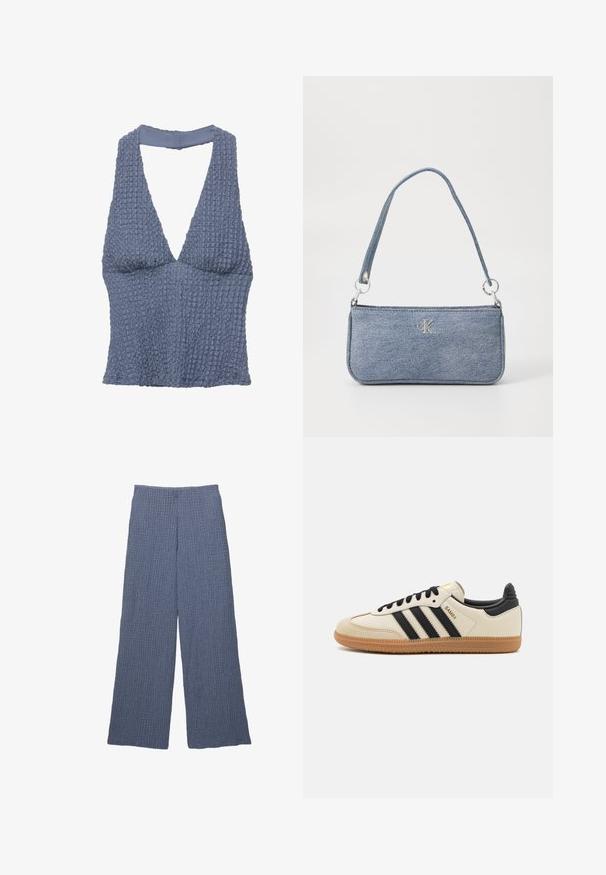 Plavi teksturirani crop top s dubokim V-izrezom i širokim trakama, izrađen od tkanine s lagano naboranim izgledom.; Plave široke hlače s teksturom i rebrastim dizajnom, s visokim strukom i slobodnim krojem, prikladne za ležernu odjeću.; Bež sportski cipela s crnim prugama, gumeni potplat i crni dodaci. Ima glatku kožnu gornju stranu i dizajn s zaobljenim vrhom.; Denim torba u svijetloplavoj boji, pravokutnog oblika, s jednim remenom i srebrnim detaljima. Ima istaknut CK logo sprijeda.
