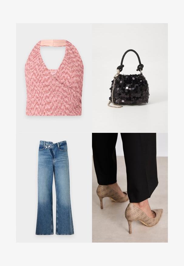 Gaiši rozā halter top, izgatavots no teksturēta adīta auduma ar apjozuma dizainu, satur mīkstu bēšas krāsas joslu aizmugurē, lai nodrošinātu stabilu piegulšanu.; Gai zils džinsu auduma bikses ar platām kājām un augstu vidukli, kurām ir divi pogas un priekšējās kabatas. Audumam ir izbalējusi tekstūra ar smalkām variācijām.; Bežīgas augstpapēžu kurpes ar teksturētu audumu, kas rotāts ar atkārtotu rakstu. Norādītā pirksta dizains ar aizmugurējo akcentu un zelta papēža detaļām.; Melna spīguļota mini rokas soma ar mezglotu teksturētu siksniņu un sudraba ķēdi. Apaļa forma ar sakopotām malām un atstarojumu detaļām.