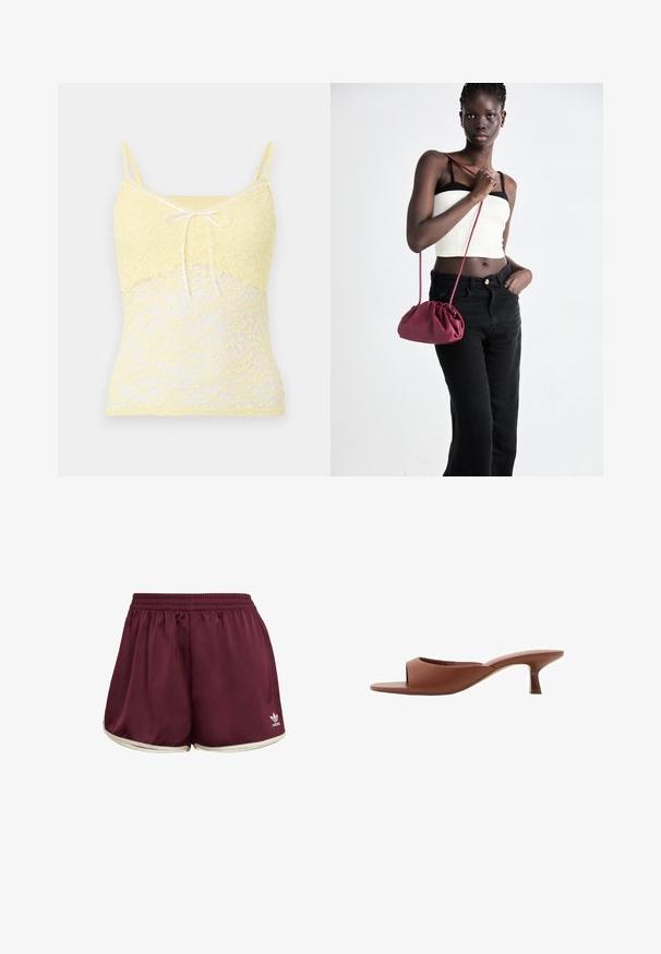Gelbes Spitzen-Camisole mit floralem Muster, ausgestattet mit dünnen verstellbaren Trägern und einem detailierten Knoten vorne. Weiche Textur mit semitransparenten Abschnitten.; adidas Originals SPRINTER - Shorts - maroon cream white; Braune offene Absatzmules mit glatter, matter Oberfläche, die ein geschwungenes Design und einen transparenten, verjüngten Absatz aufweisen.; Burgunderfarbene Handtasche aus weichem Stoff mit gerafftem Design und langem Trageriemen, quer über den Körper getragen. Das Modell trägt ein weißes Crop-Top und schwarze Jeans.; Goldfarbener Ring mit einem glatten, abgerundeten Band, das fünf Sternakzente aufweist, von denen jeder mit farbigen Edelsteinen in Pink, Grün und Blau besetzt ist.